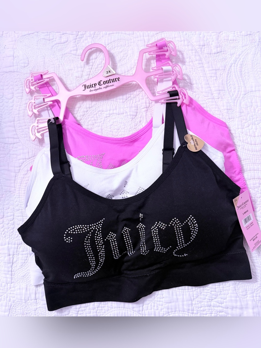 Juicy Couture Pink, White & Black Rhinestone Logo set of 3 Bralette